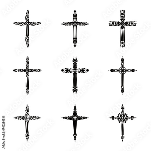 Christian cross vector icon symbols.  Abstract christian religious belief or faith art illustration for orthodox or catholic design. The symbol of the cross in various designs used in tattoo.