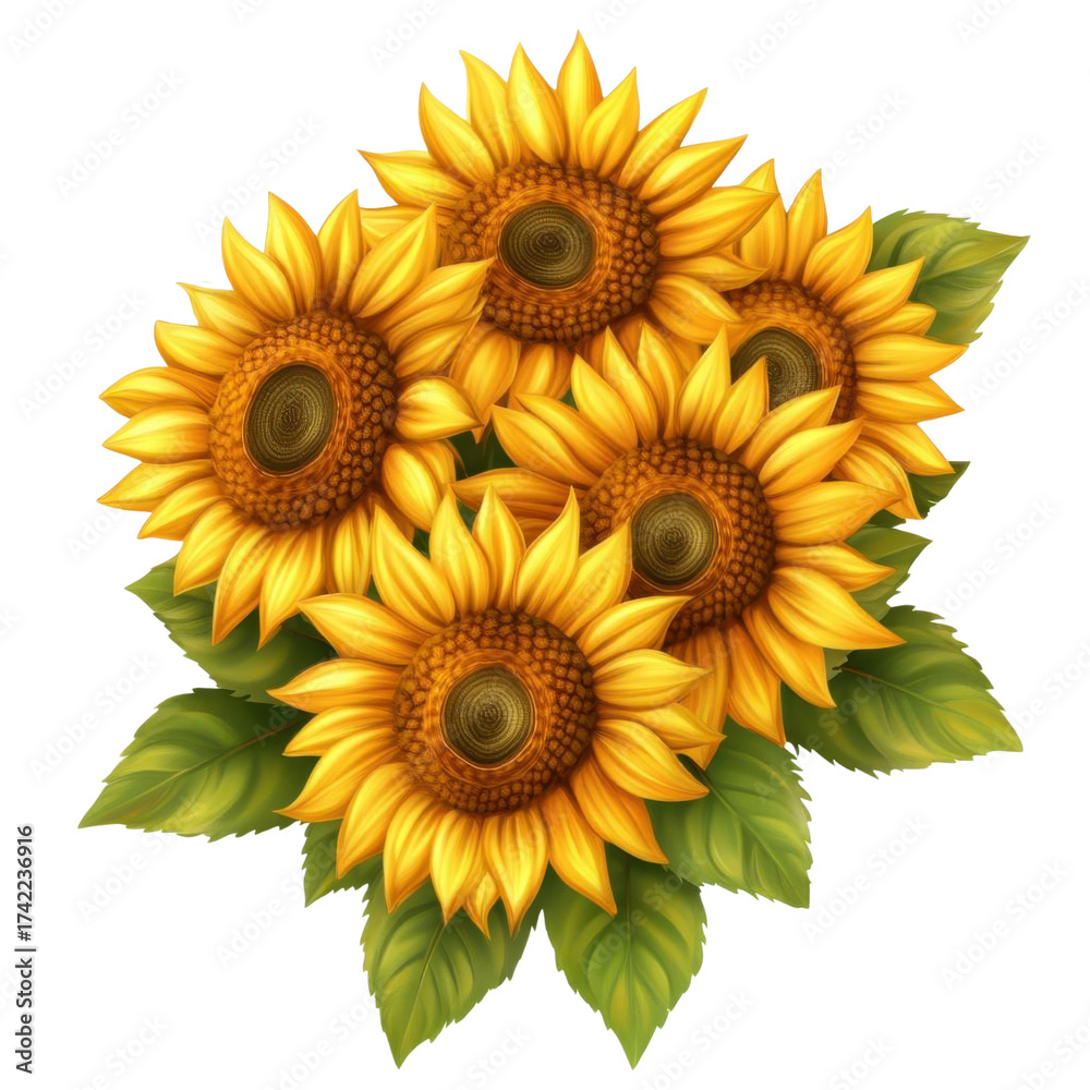 Fototapeta premium AI Image: A radiant cluster of stylized sunflowers, their golden petals blooming against a void