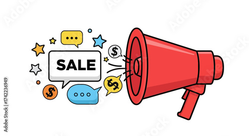 A vibrant illustration of a red megaphone announcing a sale with speech bubbles and dollar signs.