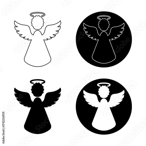 Set of Angel Silhouette Icons Vector Illustration. Each figure depicts a classic angel with wings, halo and robe, ideal for Christmas, religious, decorative or spiritual themes.