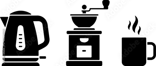 Hot beverage preparation with electric kettle, manual coffee grinder, and steaming mug