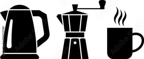 Morning coffee preparation with kettle, grinder, and steaming mug