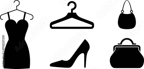 Chic fashion icons: a dress, hanger, high heel shoe, and two purses