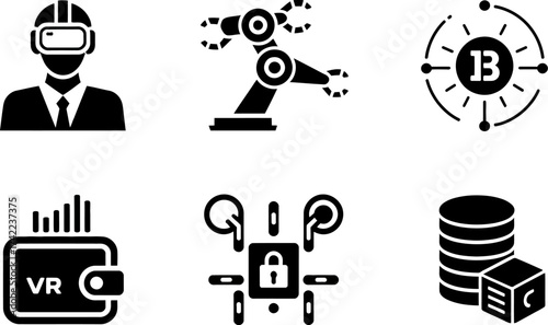 Futuristic technology icons representing virtual reality, robotics, cryptocurrency, and digital security.