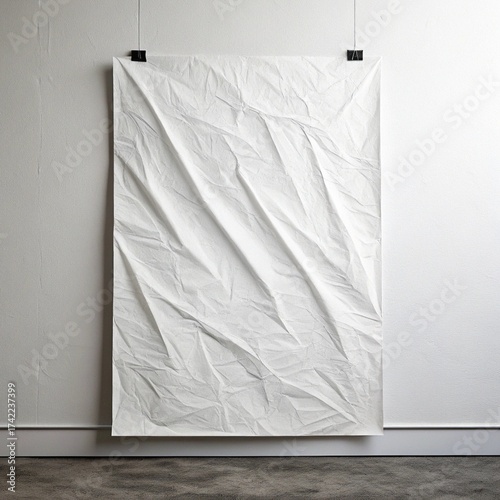 white paper wrinkled poster template ,blank glued creased paper sheet mockup.white poster mockup on wall. empty paper mockup..
