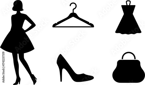 Fashion silhouette collection showcasing dress, shoe, handbag, and hanger.
