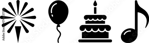 Celebration icons: sparkler, balloon, cake and music note for party, birthday, or event