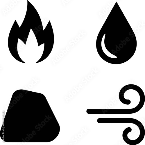 Classic elemental symbols representing fire, water, earth, and air in a simple graphic.