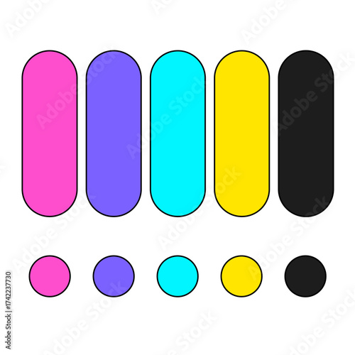 Vibrant color spectrum display with rounded rectangles and circle icons beneath each one