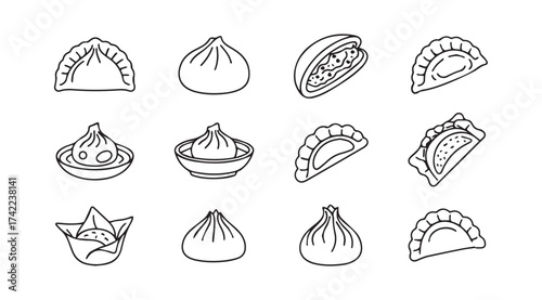 Hand drawn dumplings and wontons collection delicious asian food icons set vector