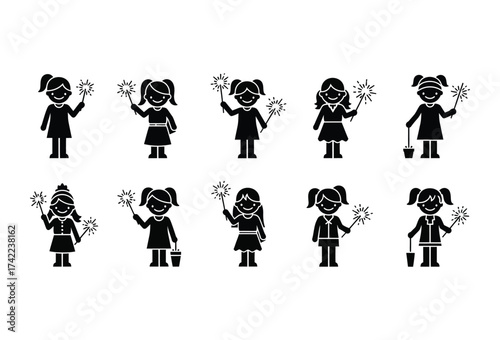 Vector illustration of vector art of cute cartoon girls holding sparkler sticks and tools