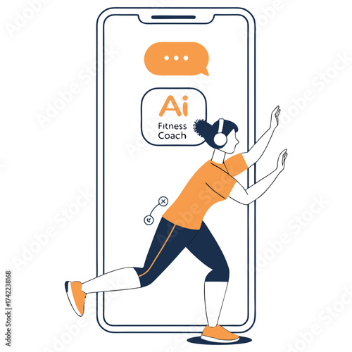 Woman with headphones exercising while interacting with a smartphone displaying an ai fitness coach application with a chat bubble icon