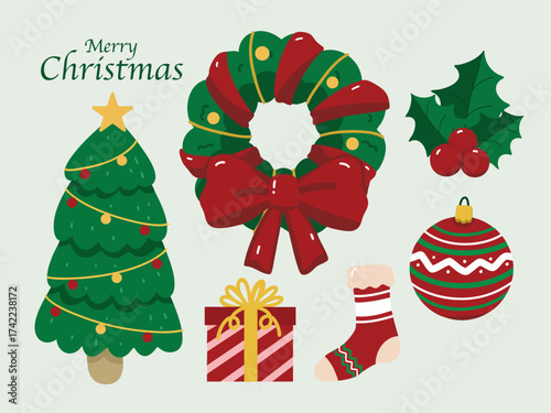 Christmas elements set with tree,gift boxes,ornaments and socks.Perfect fpr holiday cards,posters and festive decorations.