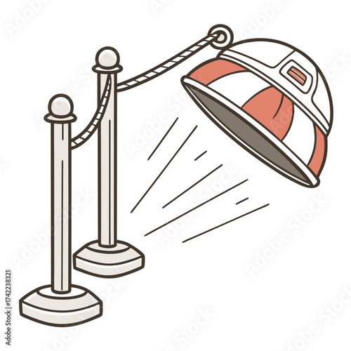 Stylized illustration of a vintage beauty salon hair dryer suspended by a rope and stanchion barrier with radiating lines