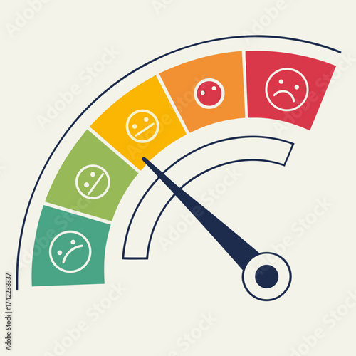 Customer satisfaction meter with smiley faces indicating varying levels of happiness from very unhappy to very happy