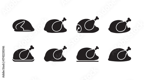 Collection of roasted whole chicken icons different angles and poses for food and culinary themes vector