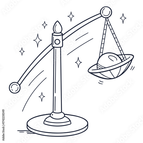 A whimsical hand drawn illustration of a balance scale with one side holding a round object and the other side empty surrounded by sparkling stars and motion lines