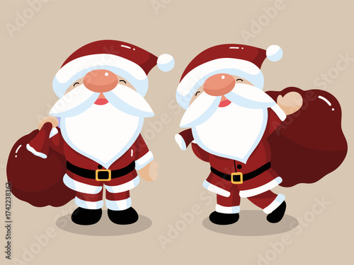 Cute twin Santa Claus characters with cheerful expressions,ideal for holiday decorations and greeting cards.