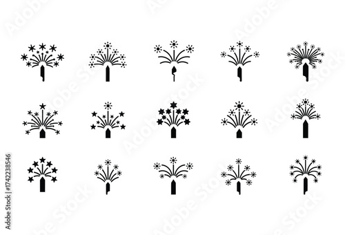 Vector illustration of vector art of assorted black firework and sparkler icons set