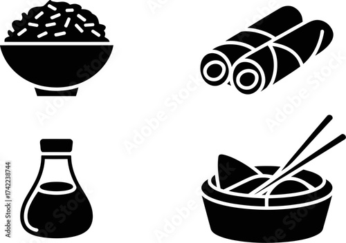 Simple black icons of Asian food and ingredients on a white background