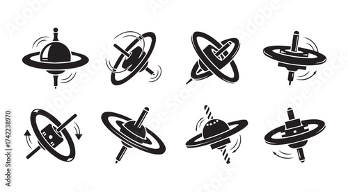 Set of eight spinning toy tops in various dynamic motion poses vector
