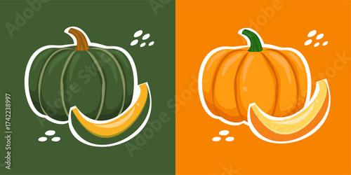 Green and orange pumpkin cartoon. Autumn season theme. Vegetable illustration. Colorful pumpkin set. Can be used for wallpaper, sticker and food element.