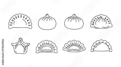 Collection of delicious dumplings and bao buns hand drawn line art food icons vector