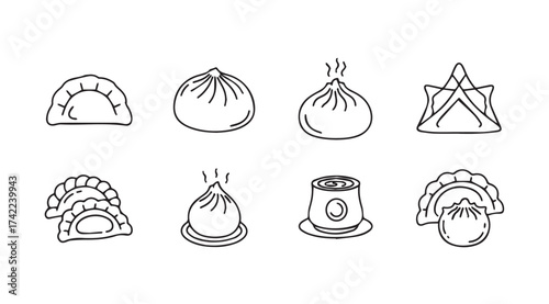 Collection of hand drawn dumpling and bun icons representing asian cuisine and delicious food vector