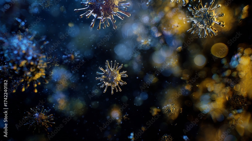 Fototapeta premium Ray of opulence: a de-focused symphony in blue and gold. Toxic pathogens. Teal and amber ambiance: abstract lights in a blurred universe. Infectious microbes. Airborne microbes.