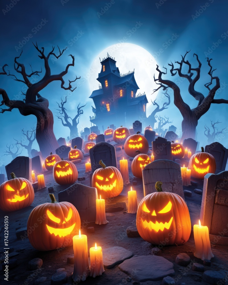 Fototapeta premium Spooky Halloween Scene with Pumpkins, Moon, and Haunted House