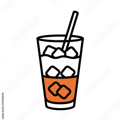 Refreshing iced drink with ice cubes and straw in a glass.