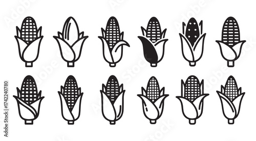 Collection of stylized corn cob icons representing harvest and agriculture themes vector