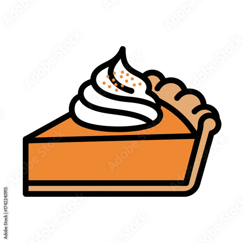 Delicious slice of pumpkin pie with whipped cream topping a tasty dessert.