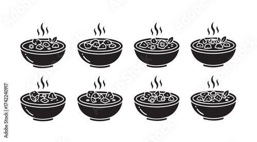 Eight black bowls of hot food steam rises from each bowl illustration vector