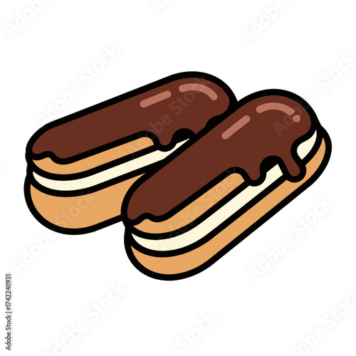 Two delicious chocolate eclairs with creamy filling and chocolate topping.