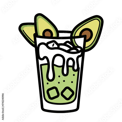 Refreshing avocado smoothie with ice cubes and avocado slices.