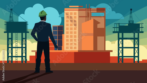 Construction worker in hard hat surveys a modern city skyline with cranes and buildings under construction