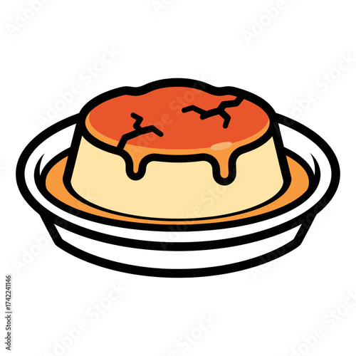 Delicious caramel custard dessert on a white plate food illustration.