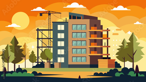 Modern apartment building under construction with a crane against a vibrant sunset sky and trees