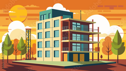 Modern apartment building with balconies and balconies against a vibrant sunset sky with stylized trees and clouds