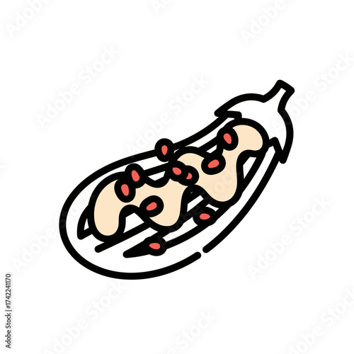 Deliciously prepared eggplant dish with vibrant colors and artistic presentation.