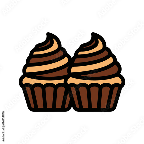 Two delicious cupcakes with chocolate frosting and a brown cupcake liner.