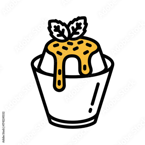 Delicious dessert with sauce and mint leaves in a cup.