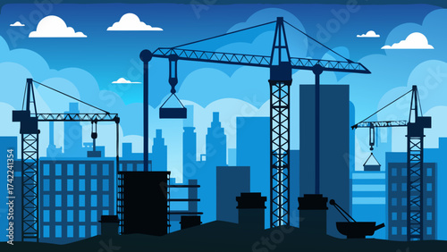 Silhouette of construction cranes and buildings against a cloudy blue sky at dusk