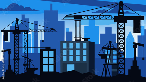 Silhouette of construction cranes and buildings against a blue cityscape at dusk