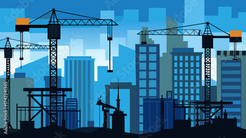 Silhouette of construction cranes and unfinished buildings against a backdrop of a blue cityscape