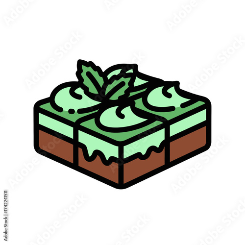 Delicious square cake with mint leaves on top a sweet dessert.