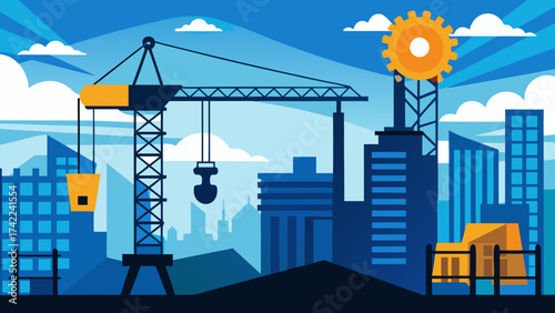 Modern cityscape under construction with a towering crane and industrial elements against a vibrant blue sky