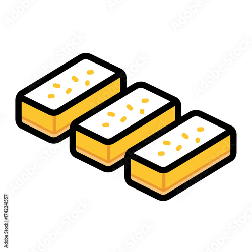 Three rectangular pastries with white tops and yellow sides sprinkled with small yellow dots.