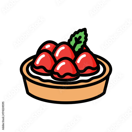 Delicious strawberry tart with fresh berries and mint leaf on top.